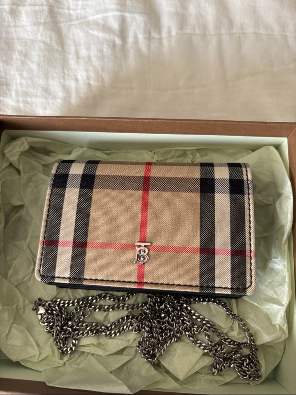 Burberry Beige Check Crossbody with Red and Black Accents